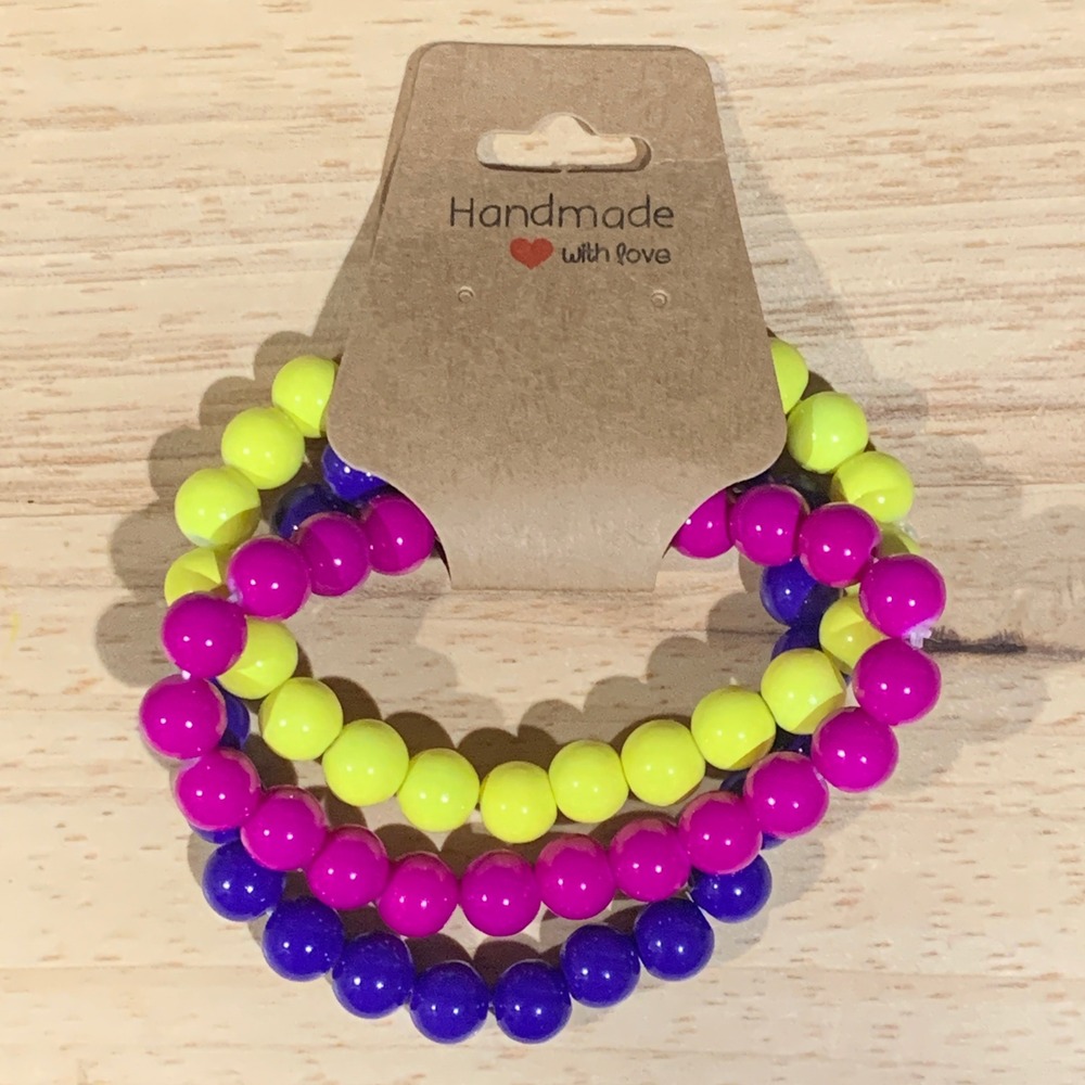 Handmade Beaded Bracelet Women OS 3PC Set Neon Yellow Pink Blue Retro Kidcore